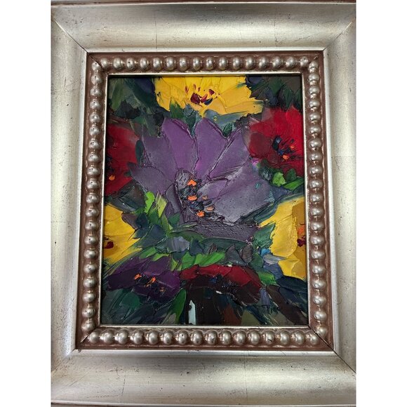 Framed Floral Oil Painting on Canvas – Heavy Silver Beaded Frame - Picture 2 of 9